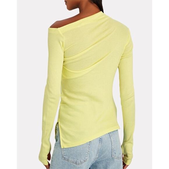 Helmut Lang, Draped One Shoulder Ribbed Knit Top, Charlock Yellow, Size Small - Picture 2 of 9